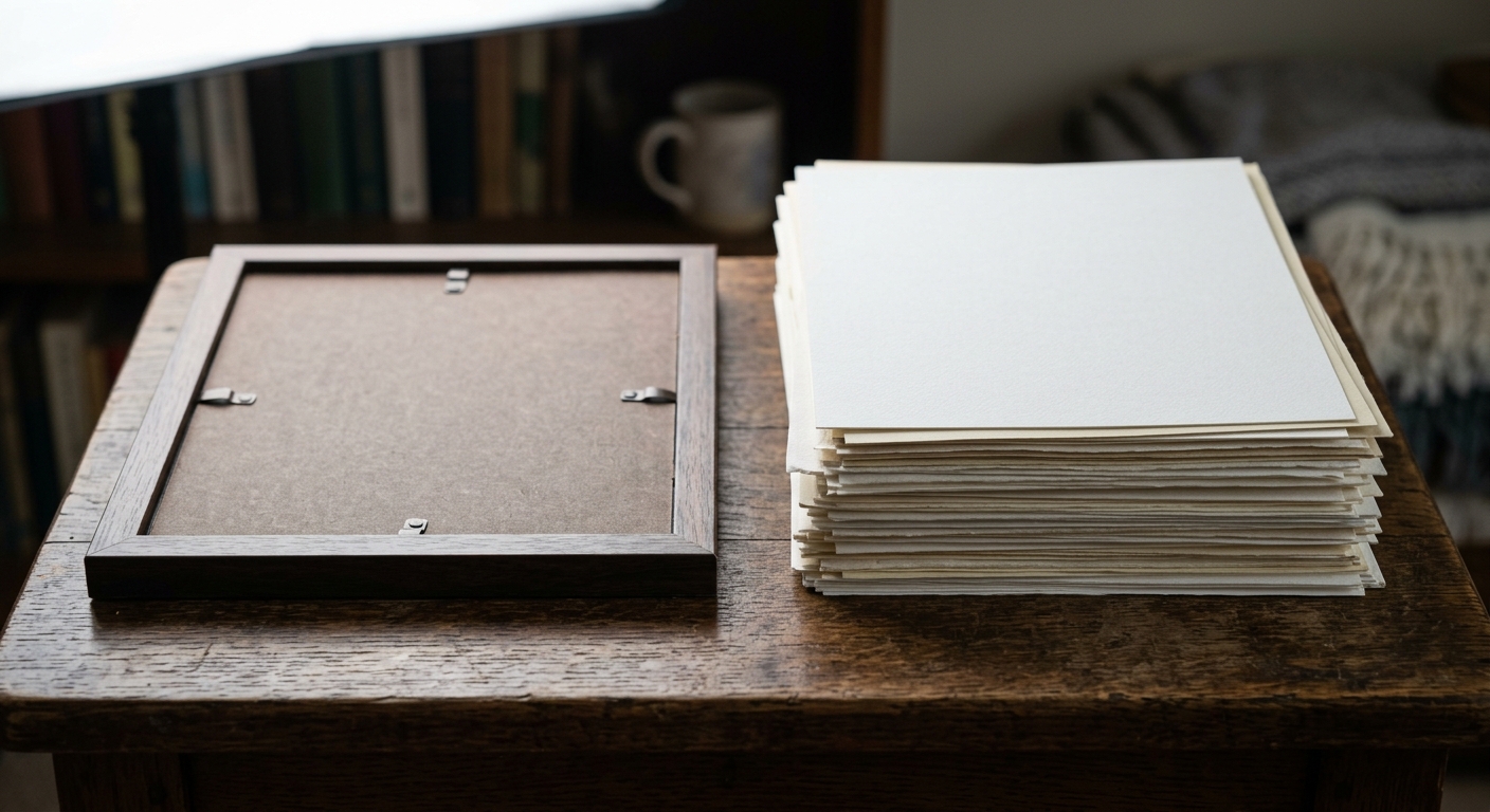 a framed photo lying face down beside a neat stack of documents on a side table