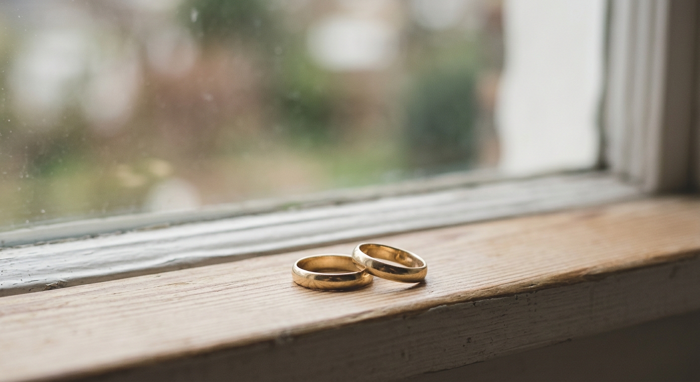 two plain wedding bands resting on a sunlit windowsill