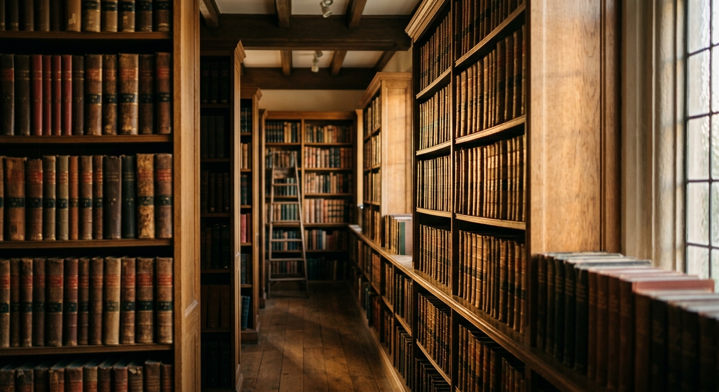 a quiet law library aisle with tall shelves of bound legal volumes