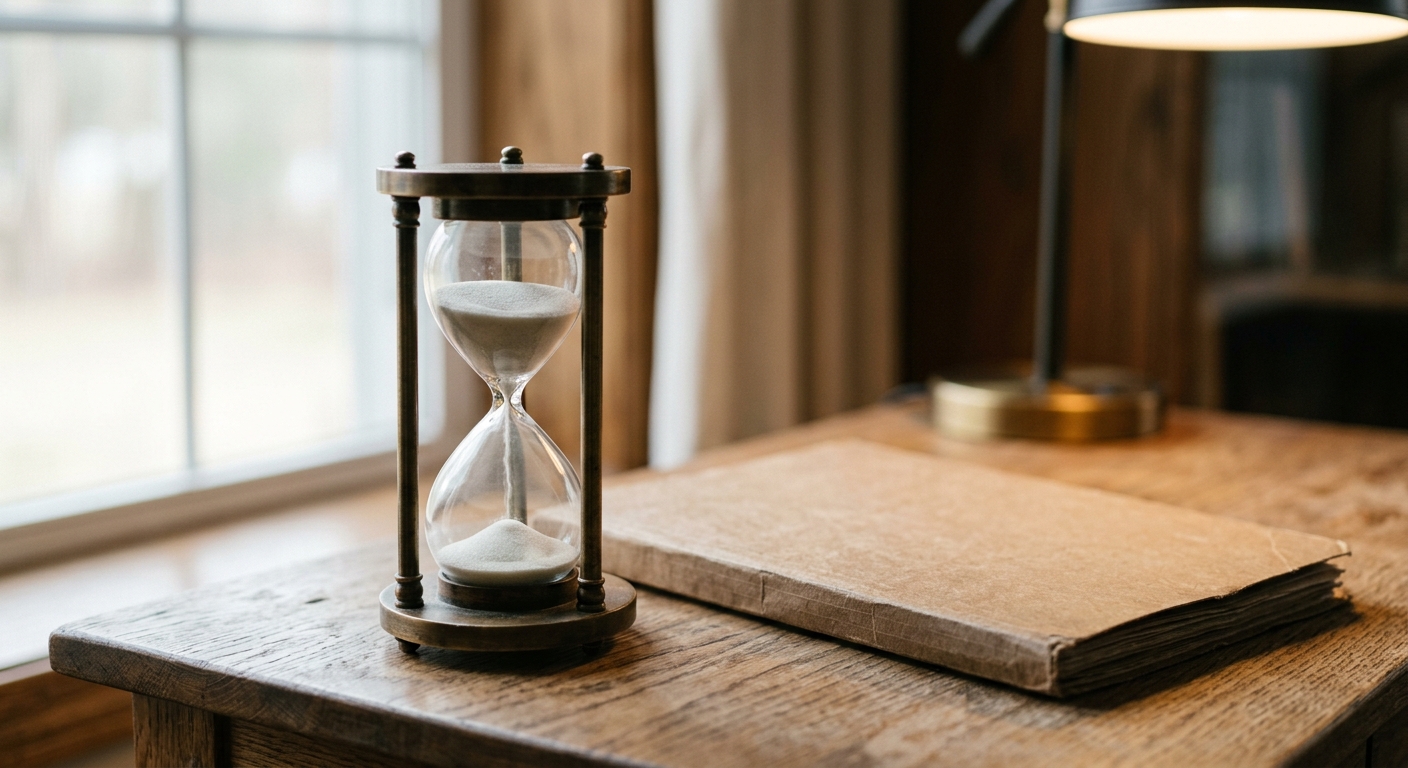 an hourglass on a desk beside a closed folder in soft window light