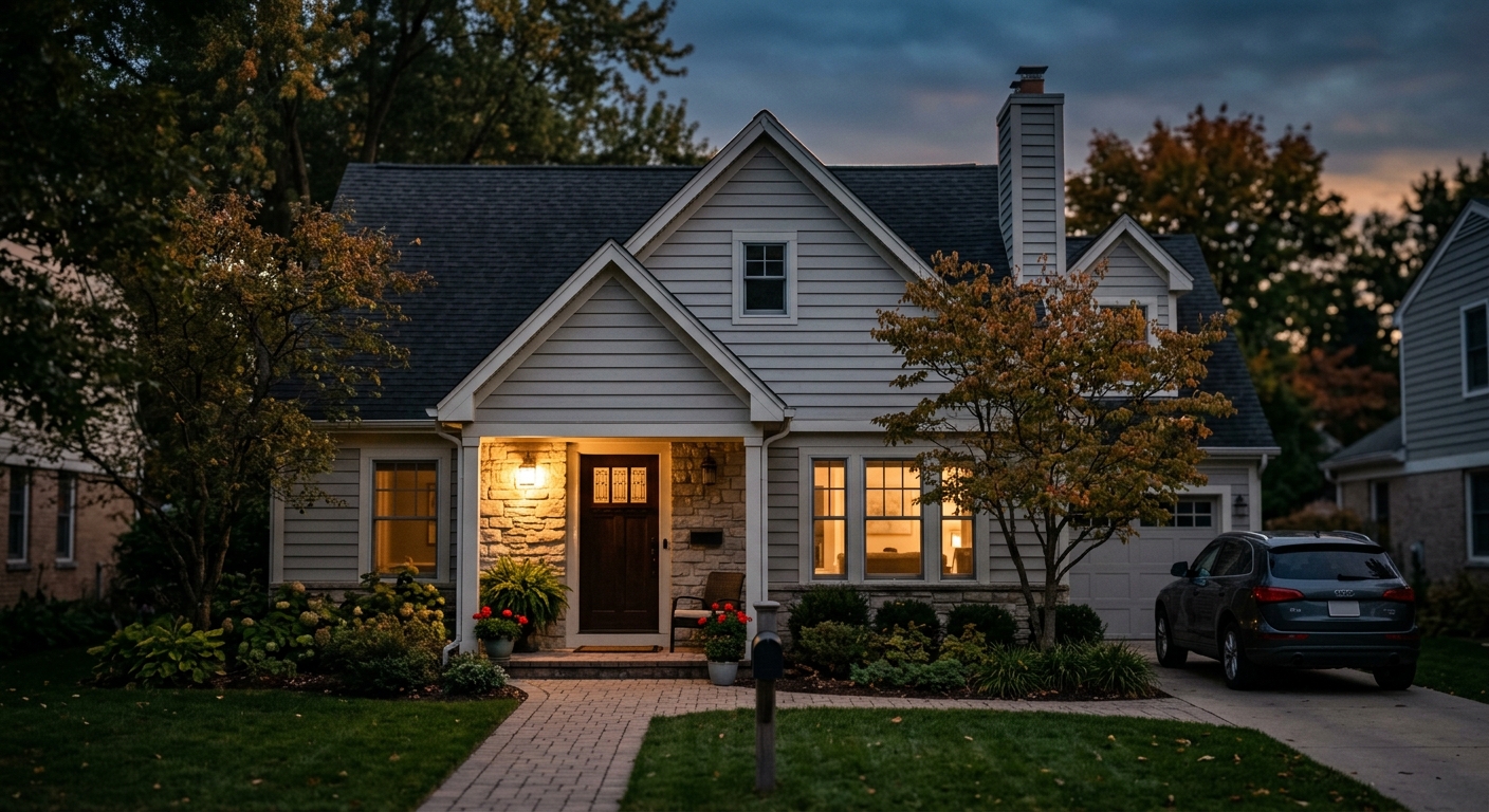 a suburban home exterior at dusk with a warm porch light