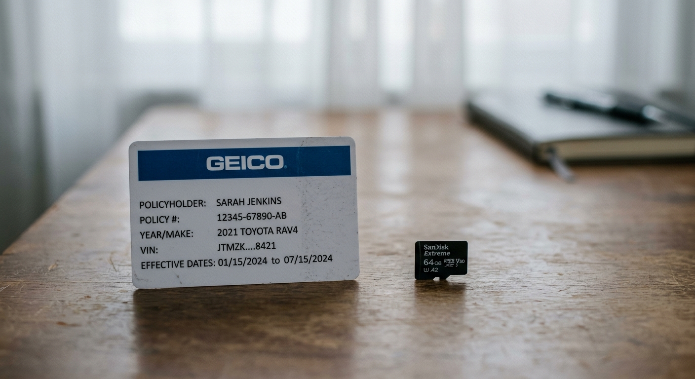 District Columbia car insurance card and dashcam sd card lying side by side on a desk