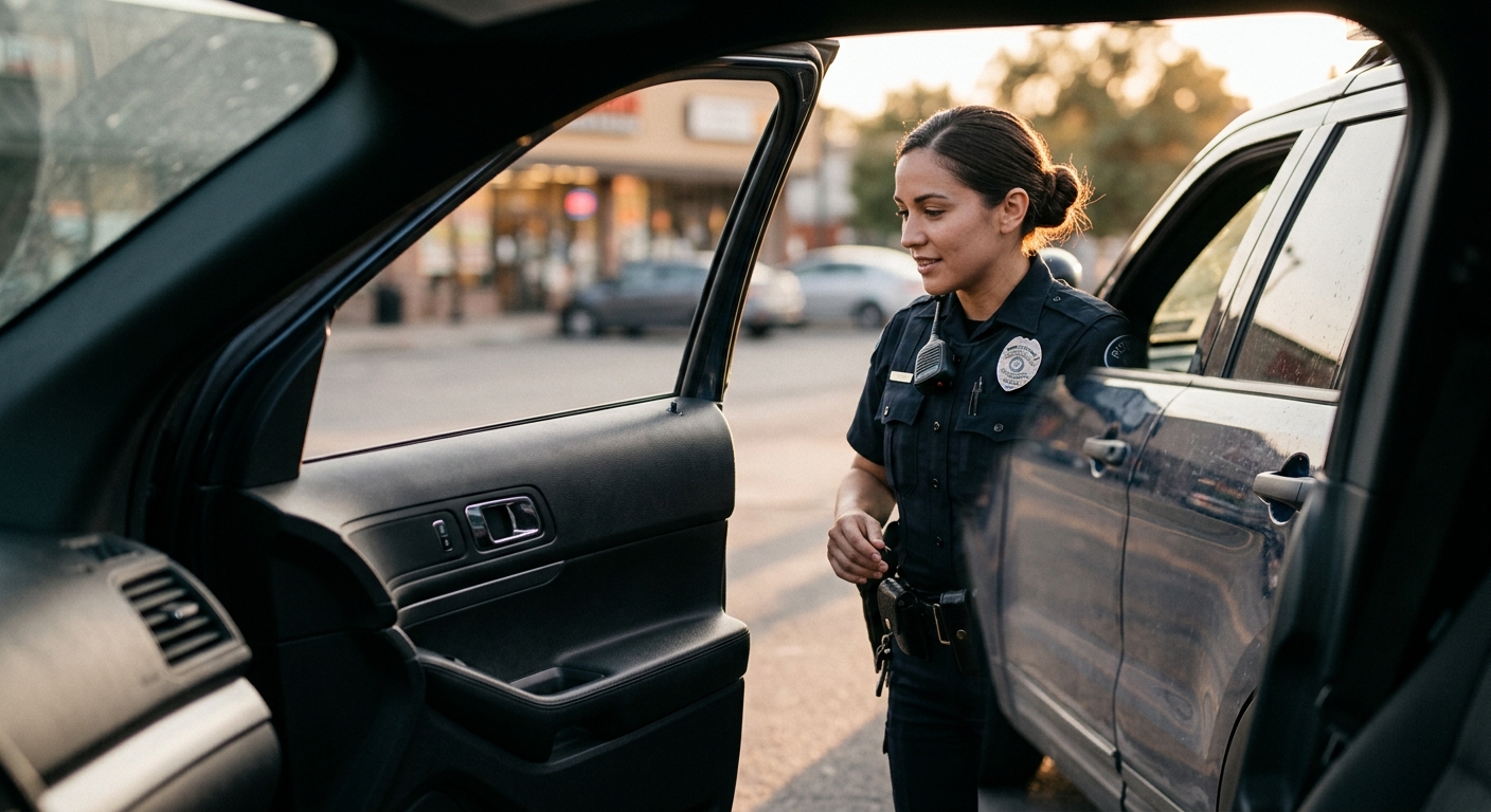 New Hampshire police officer standing beside a car door, viewed from inside the vehicle throug