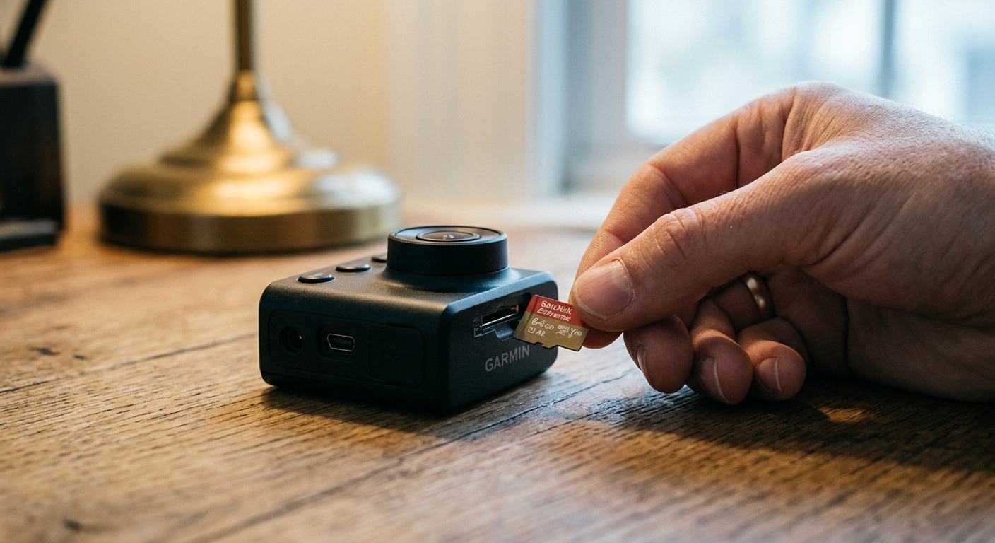 Maryland micro sd card being inserted into the slot of a small dashcam device
