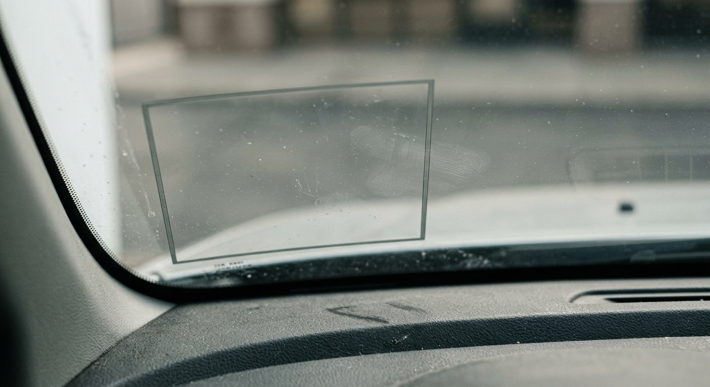 Utah vehicle windshield from inside with a 7-inch square area marked in the lower cor