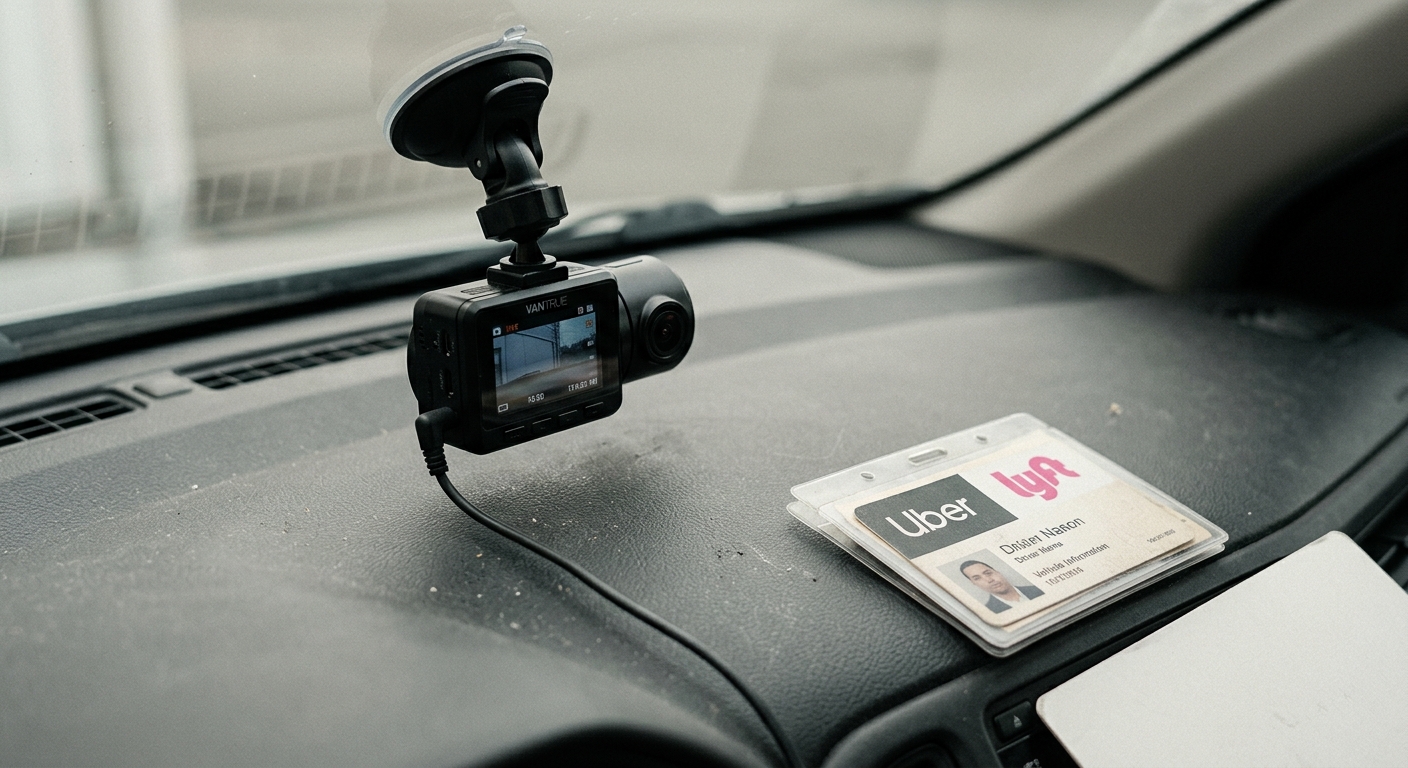 Connecticut uber or lyft trade dress placard visible on a car dashboard beside a dashcam