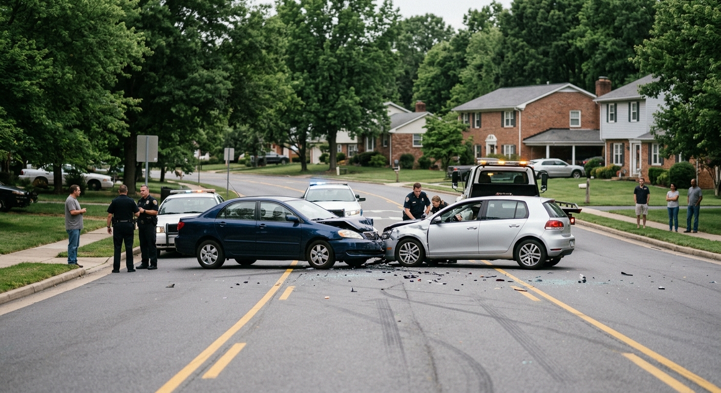 North Dakota car accident scene with two vehicles, viewed from a distance on a suburban road