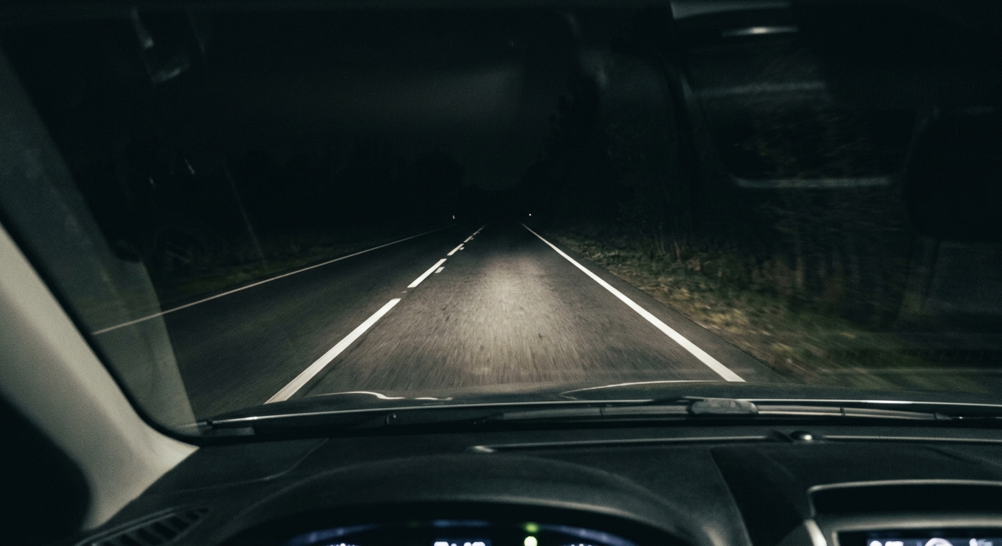 Texas night vision dashcam view of a dark road with headlights illuminating the lane m