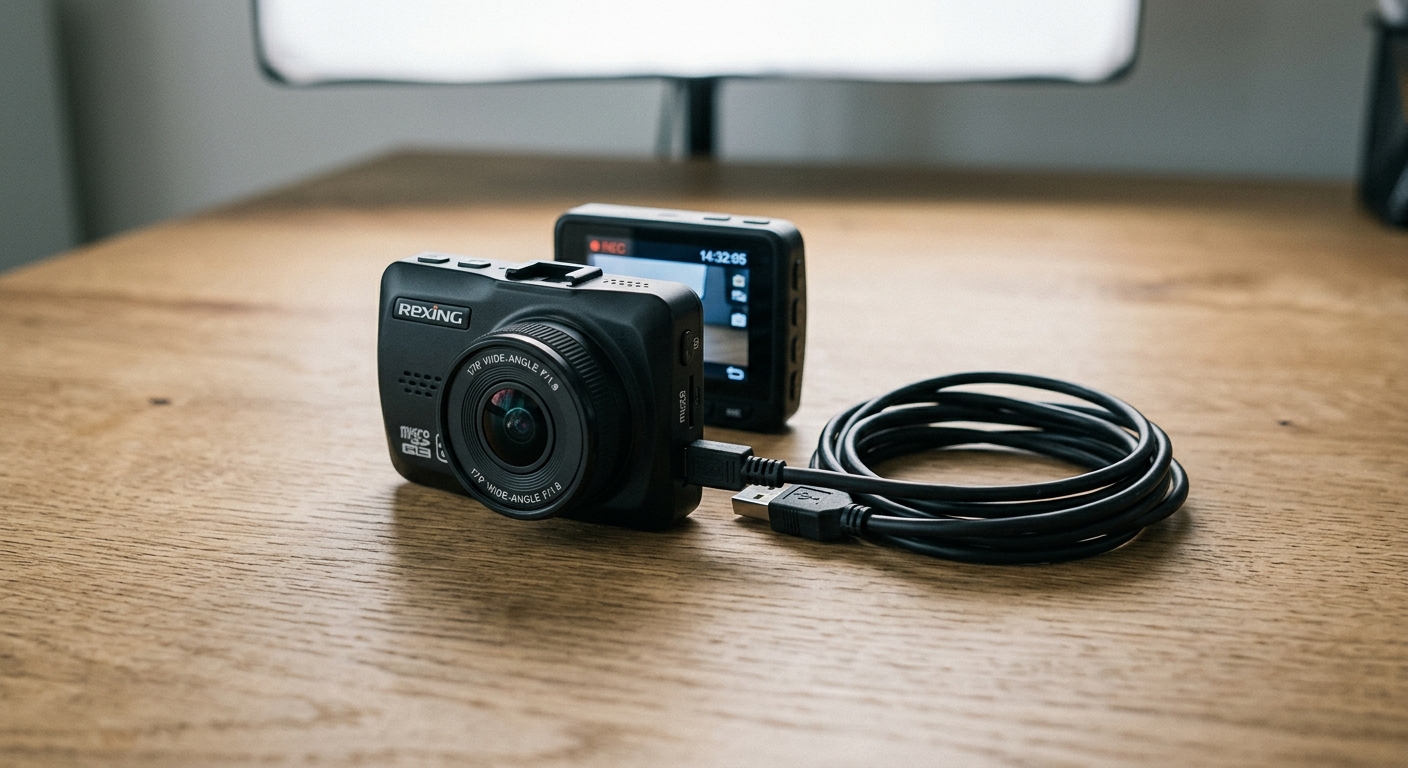 Nevada small dashcam with a wide-angle lens sitting on a desk beside its power cable