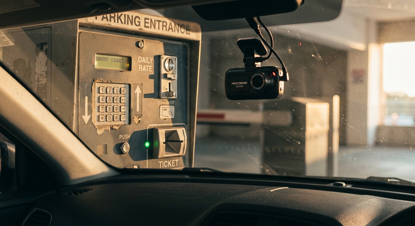 Indiana parking garage entrance ticket machine with a dashcam visible through a car wind
