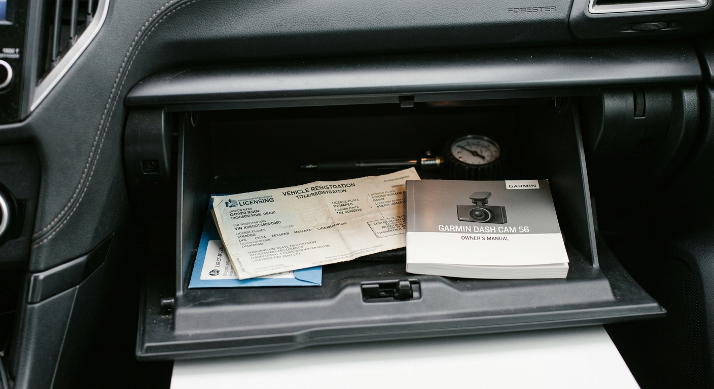 New Hampshire glove compartment open showing a vehicle registration and dashcam manual