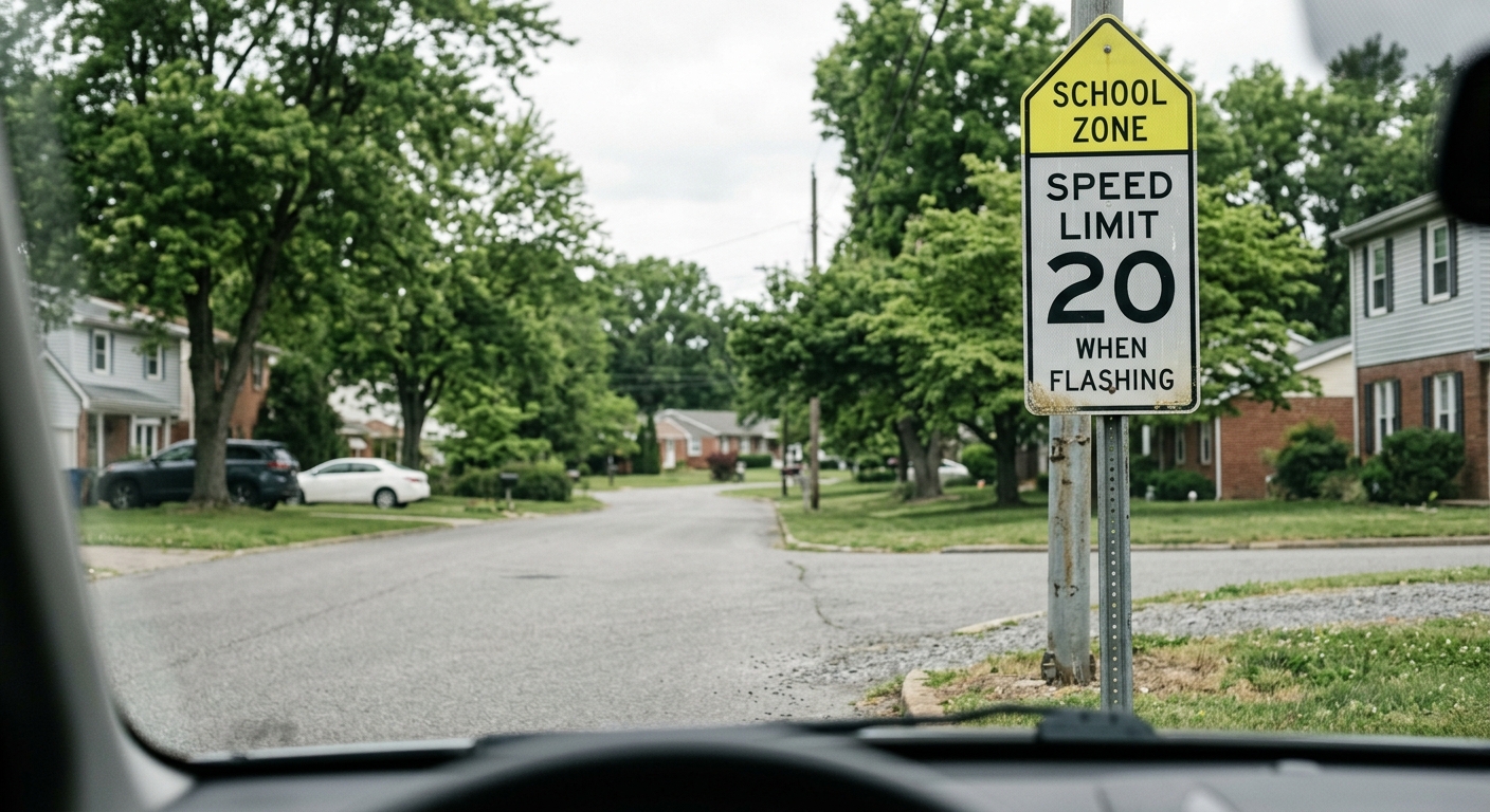 New Mexico school zone speed limit sign on a residential street, captured at windshield lev
