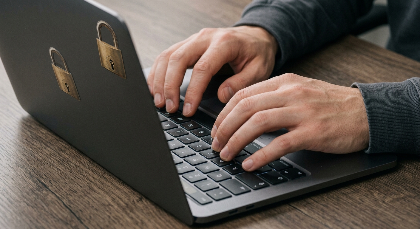 Hands typing on a laptop with a padlock sticker, representing implementing US CCPA opt-out cookie requirements