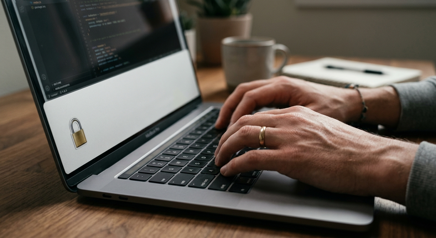 Hands typing on a laptop with a padlock sticker, representing implementation of a Do Not Sell or Share link