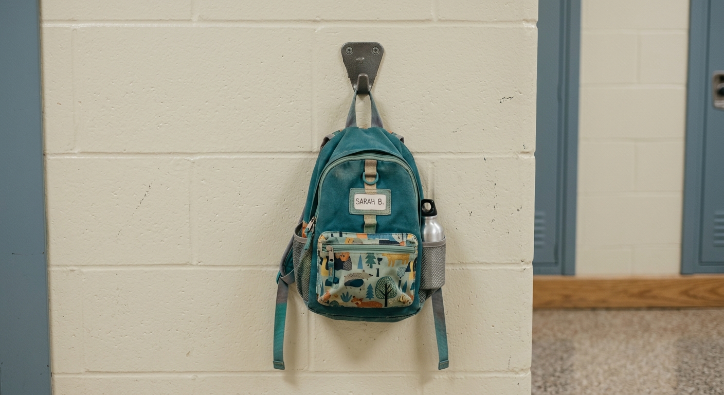 Delaware child-sized backpack hanging on a wall hook in a school hallway
