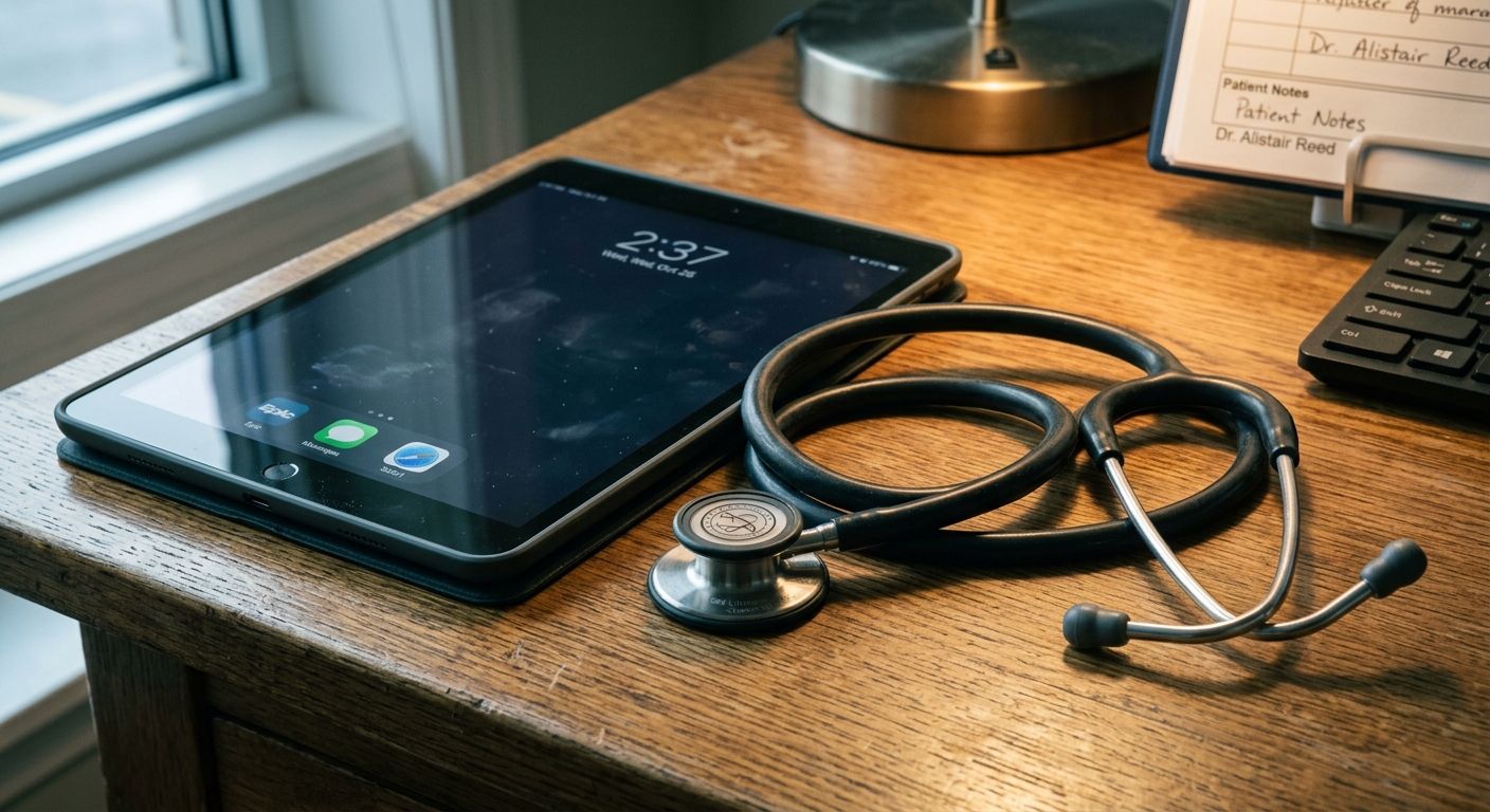Delaware stethoscope coiled on a desk beside a tablet device in a clinical office
