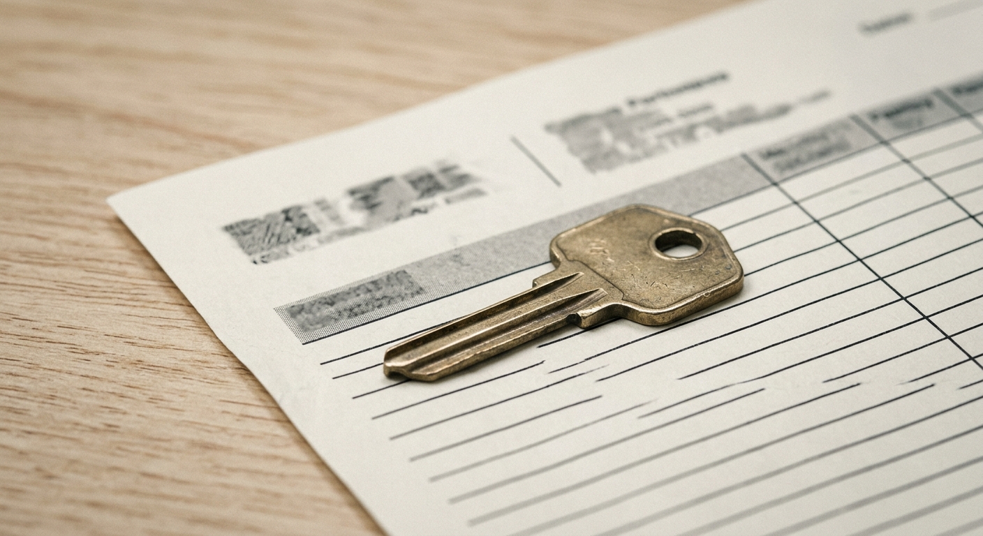 a single house key resting on a printed records request form on a light wood desk