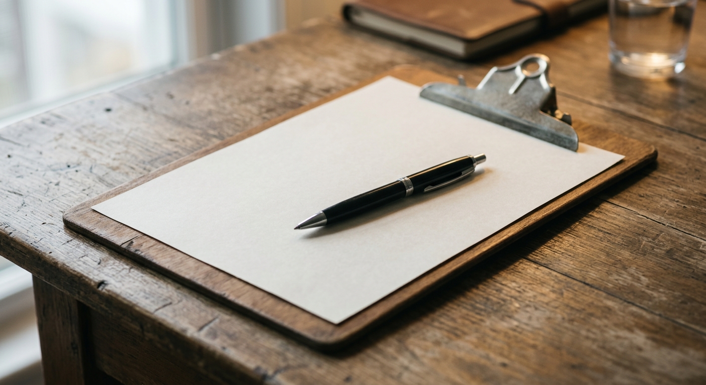 a clipboard holding a blank application form with a pen across it