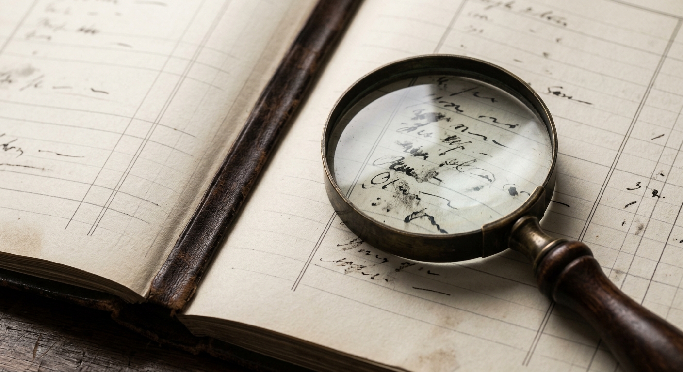 a magnifying glass held over a column of handwritten names in an open ledger
