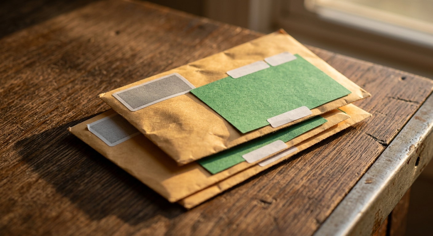 a small stack of certified mail envelopes with green return-receipt cards on a desk