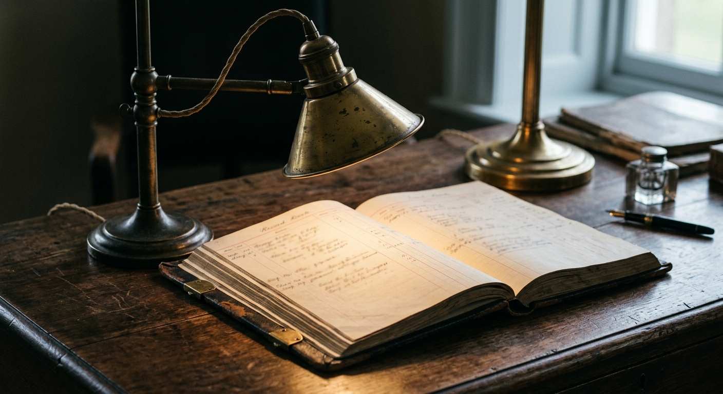 a brass reading lamp lighting an open record book on a wooden library desk