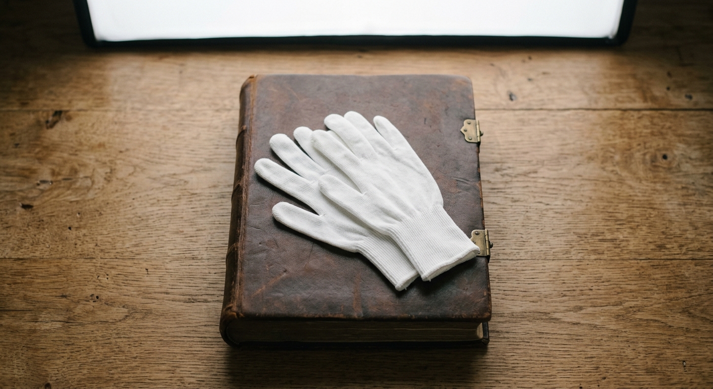 a pair of white archival cotton gloves resting on a closed leather ledger