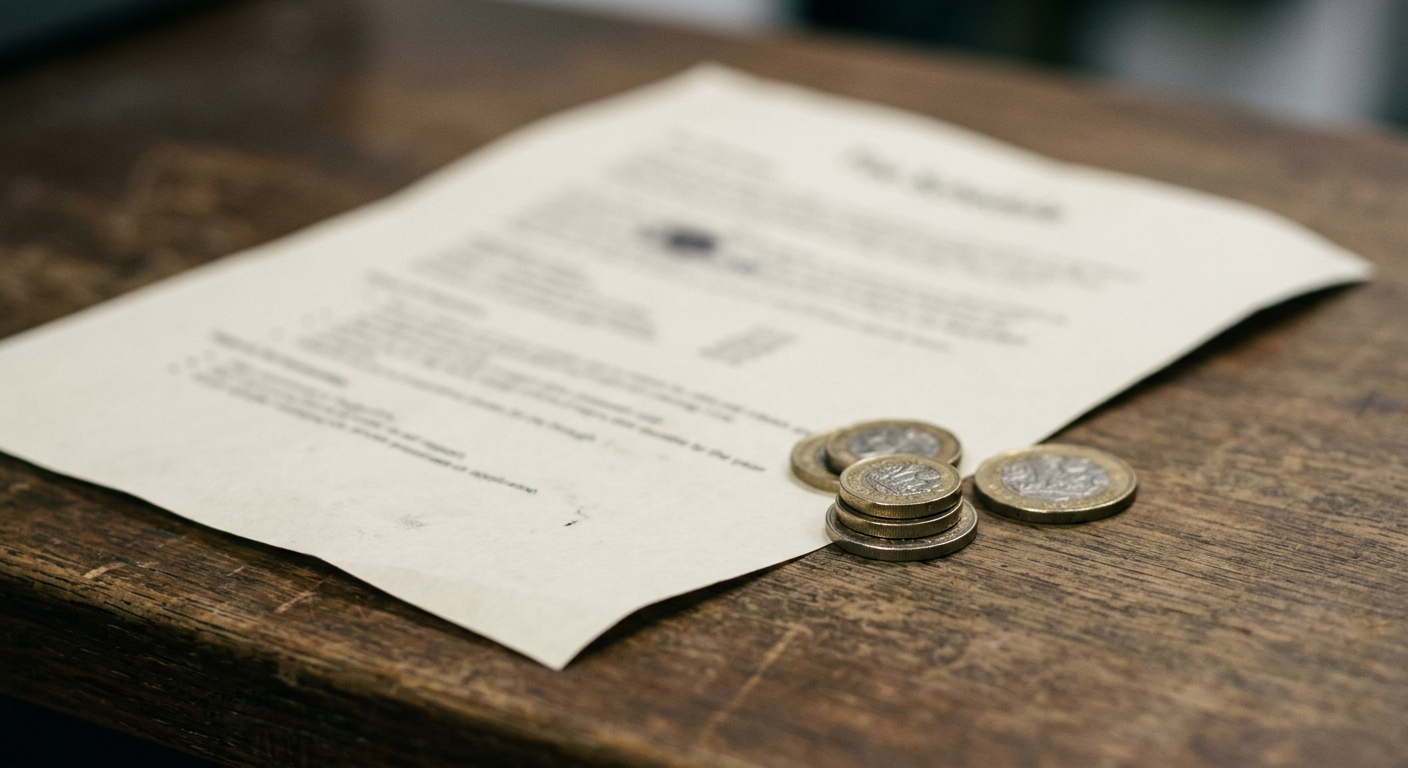 a printed fee schedule and a few coins resting on a counter