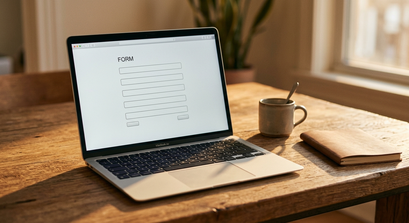 a laptop on a desk showing a simple blank online request form