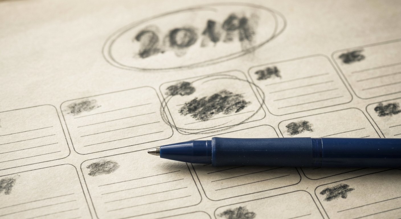 a wall calendar page with a year circled in pencil beside a pen