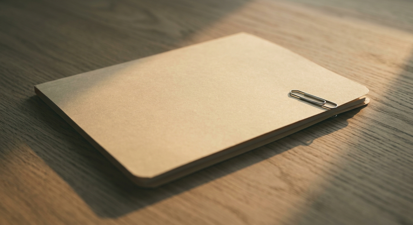 a closed manila file with a single paper clip on a clean desk