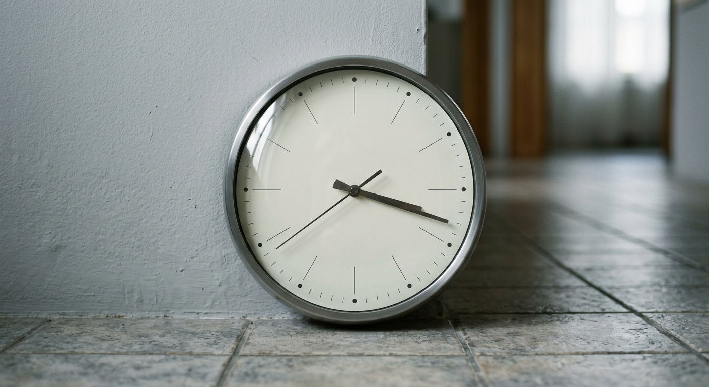 an analog wall clock in a quiet office hallway with a tiled floor