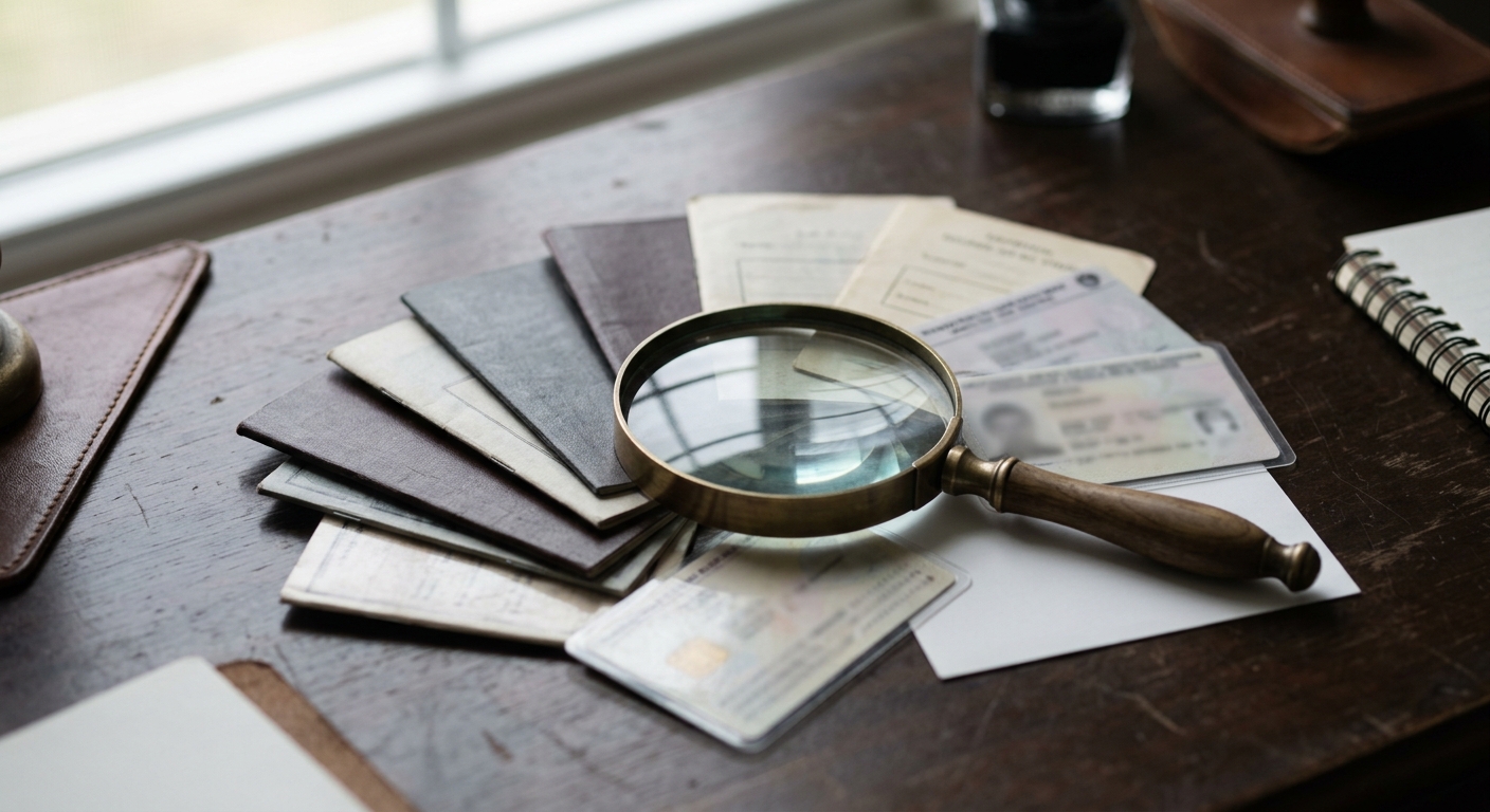identity documents fanned out on a desk under a magnifying glass