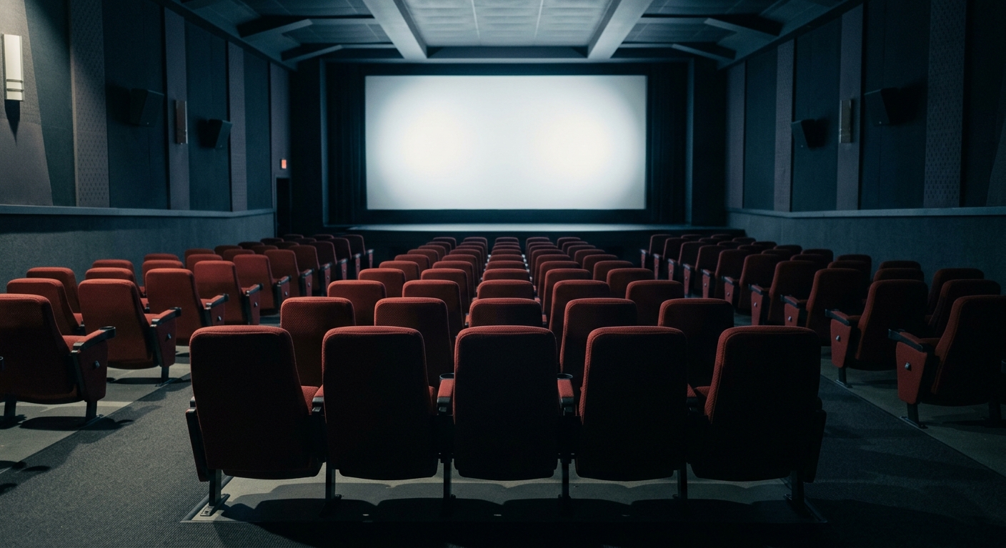 movie theater seats facing a blank glowing screen, empty auditorium