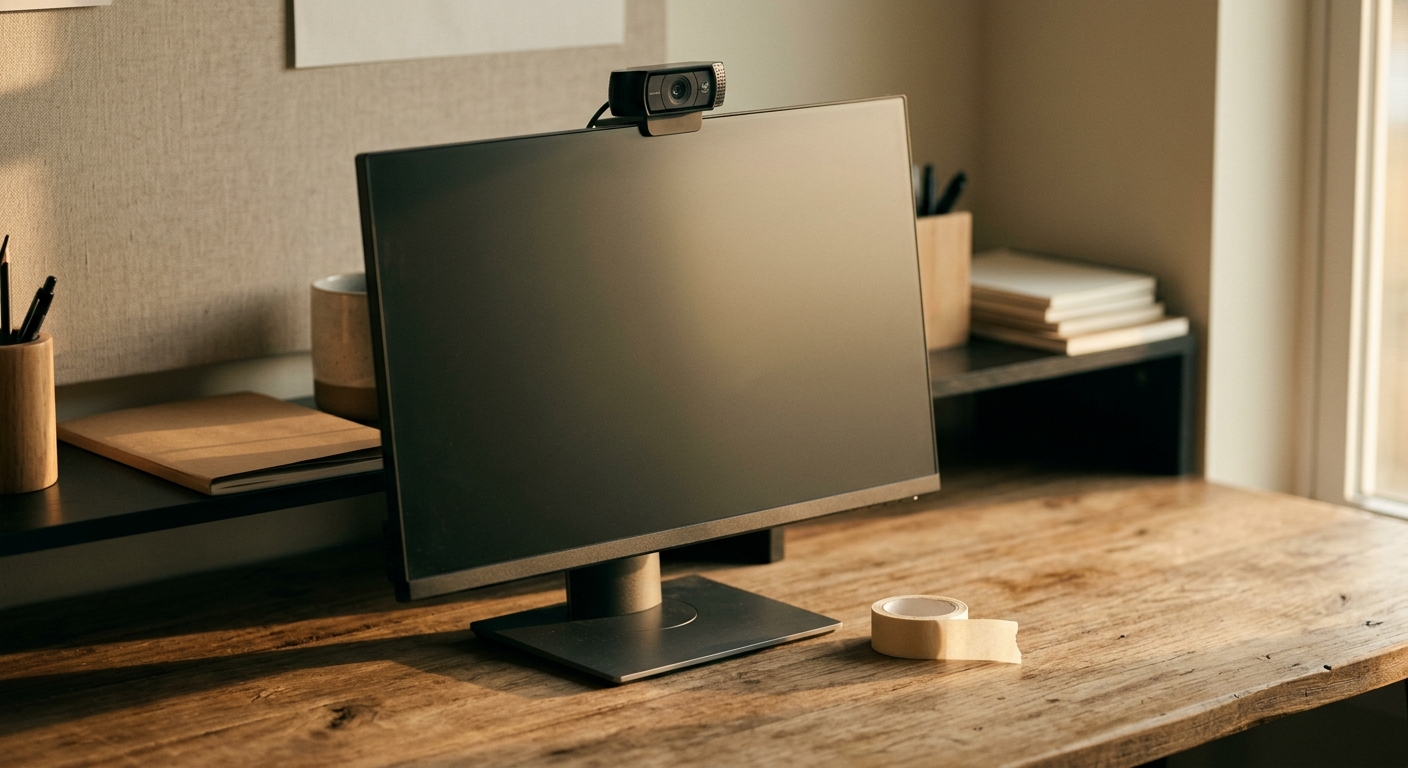webcam on a monitor with a small piece of tape ready beside it, home office desk