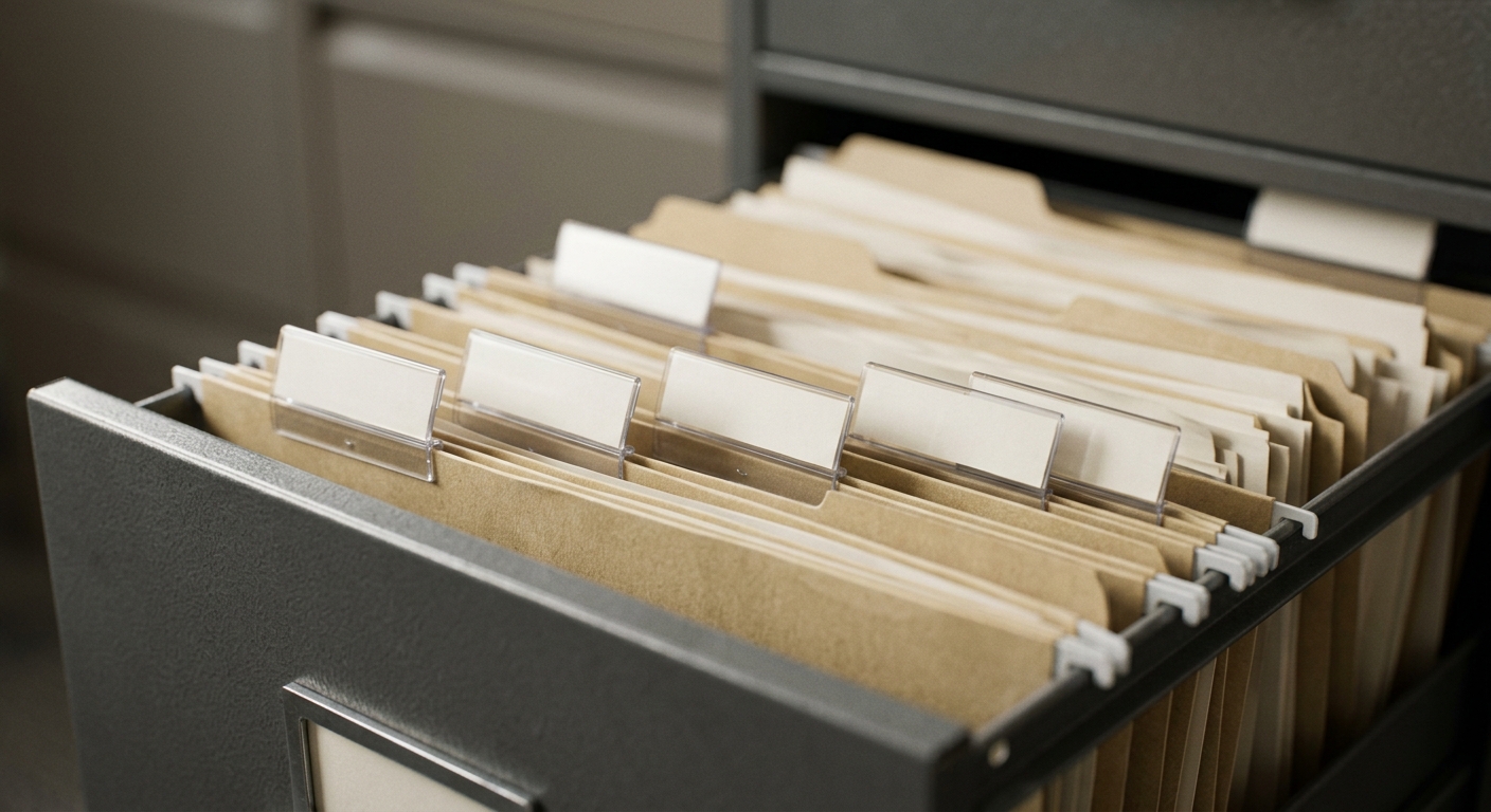 filing cabinet drawer open showing folders tabbed with state abbreviations