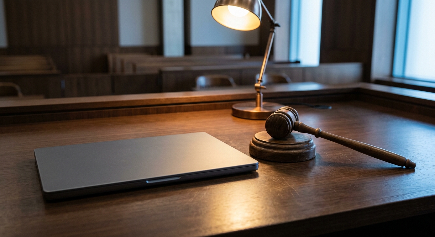 judge's bench with a closed laptop and a wooden gavel, empty modern courtroom