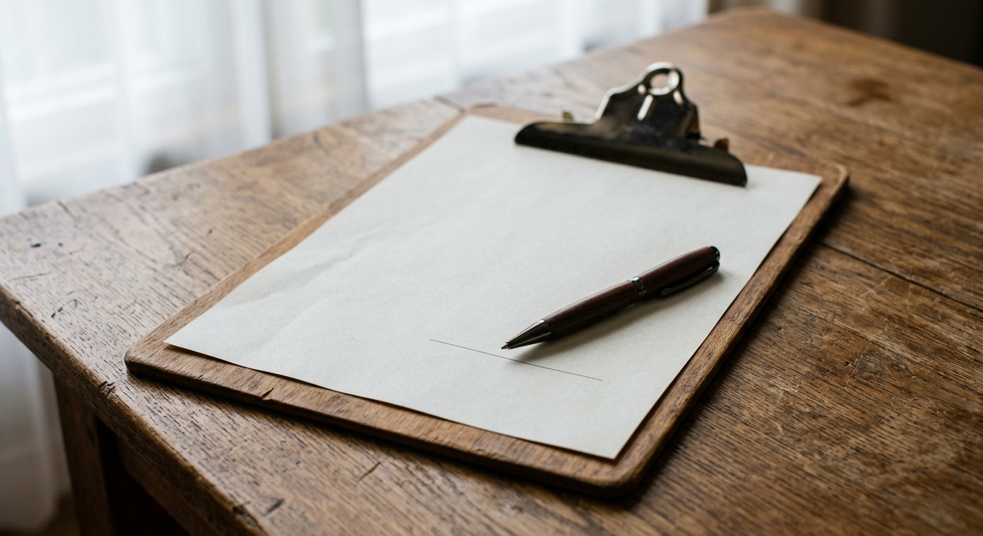 printed consent release form on a clipboard with a pen resting on the signature line