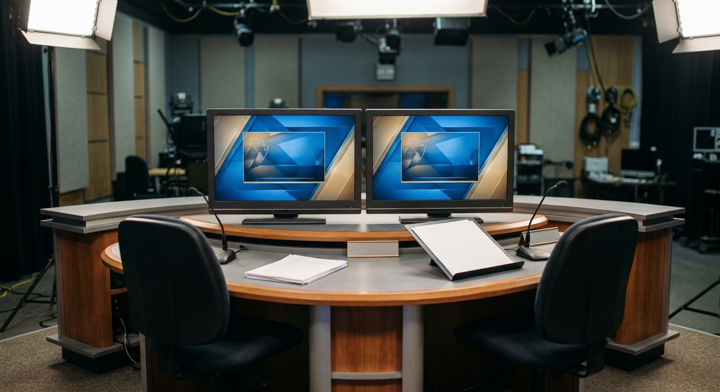 television studio news desk with two identical monitors showing the same paused frame