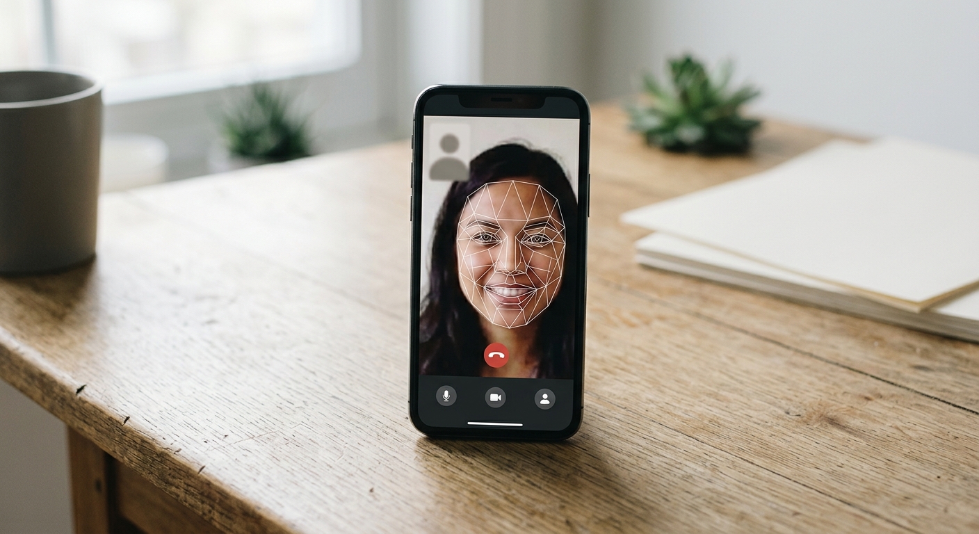 smartphone on a desk showing a video call interface with a face outline wireframe overlay