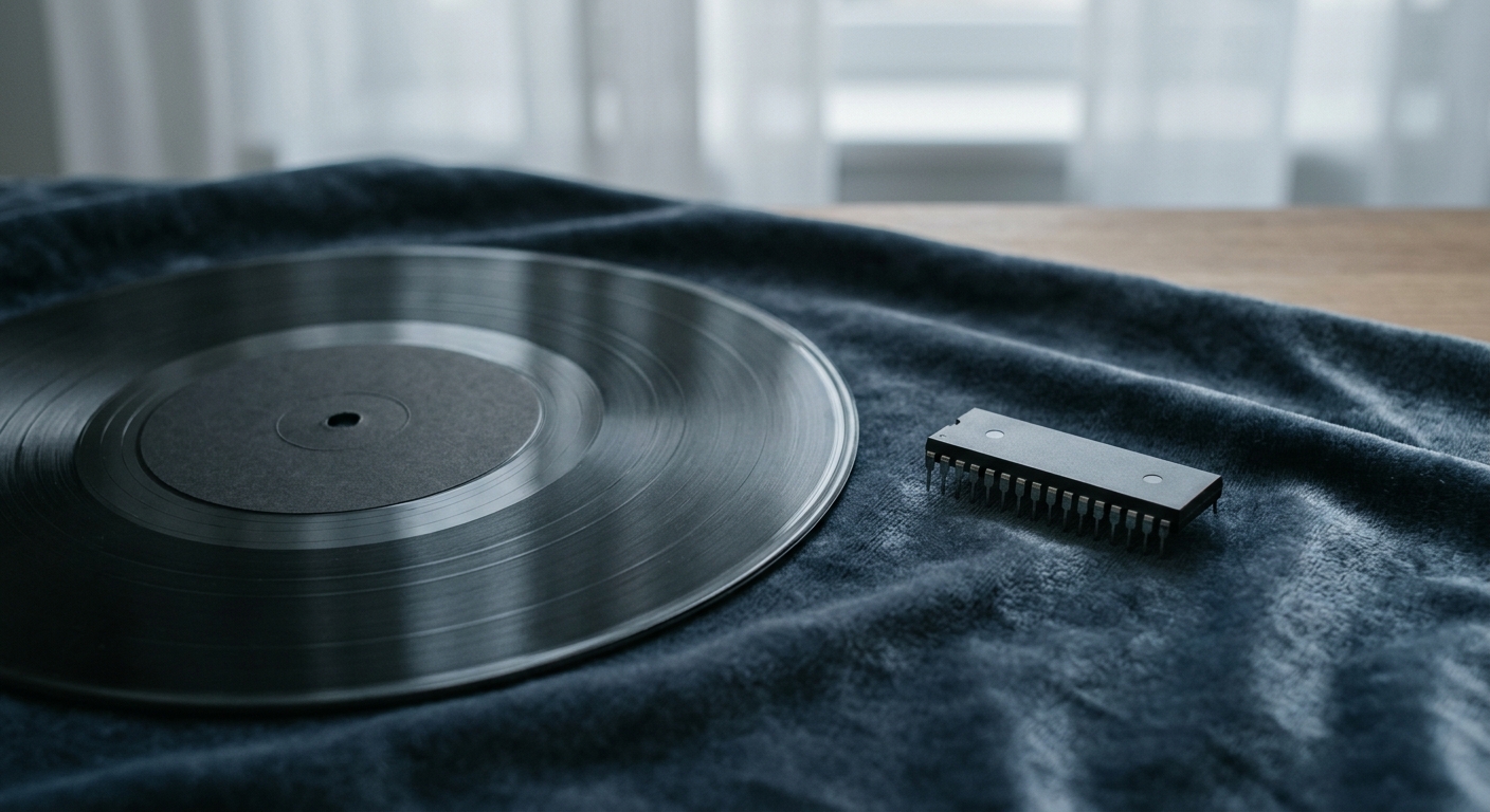 vinyl record and a microchip placed side by side on a velvet cloth