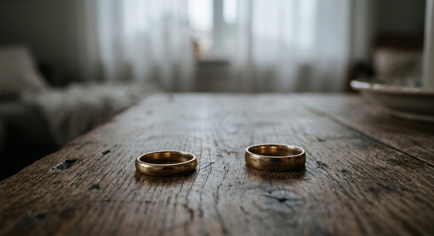 two plain gold wedding rings resting apart on a wooden table, no people
