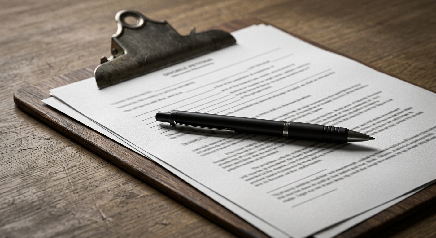 a printed divorce petition on a clipboard with a pen, no people