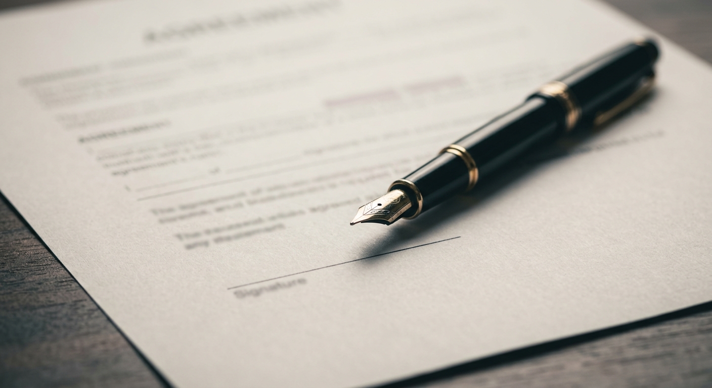 a fountain pen resting on the signature line of a printed agreement, no people