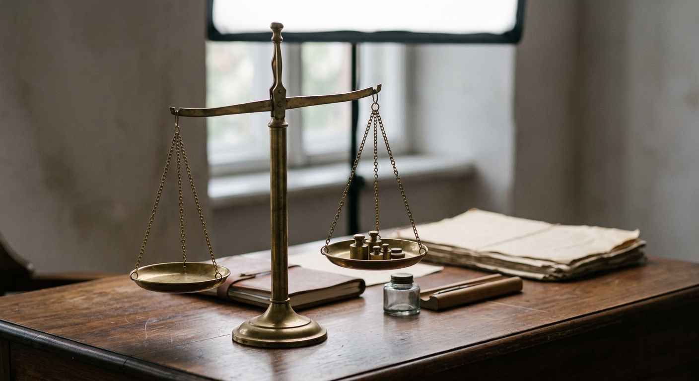 a brass set of balance scales on a wooden desk