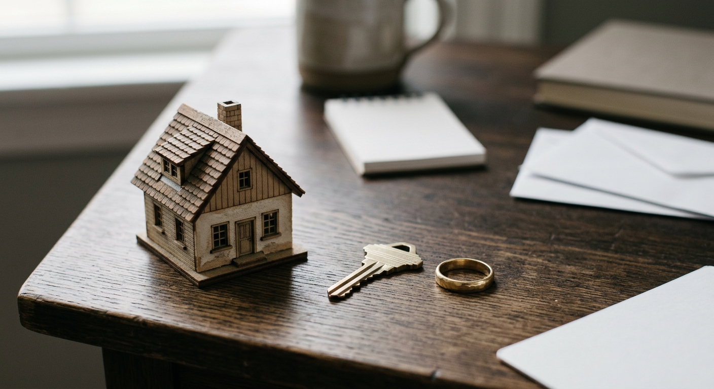 a small model house beside a key and a ring on a desk, no people