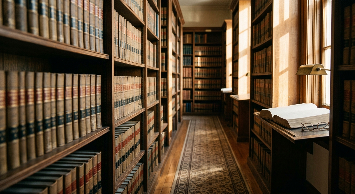 a quiet law library aisle with tall shelves of bound legal volumes
