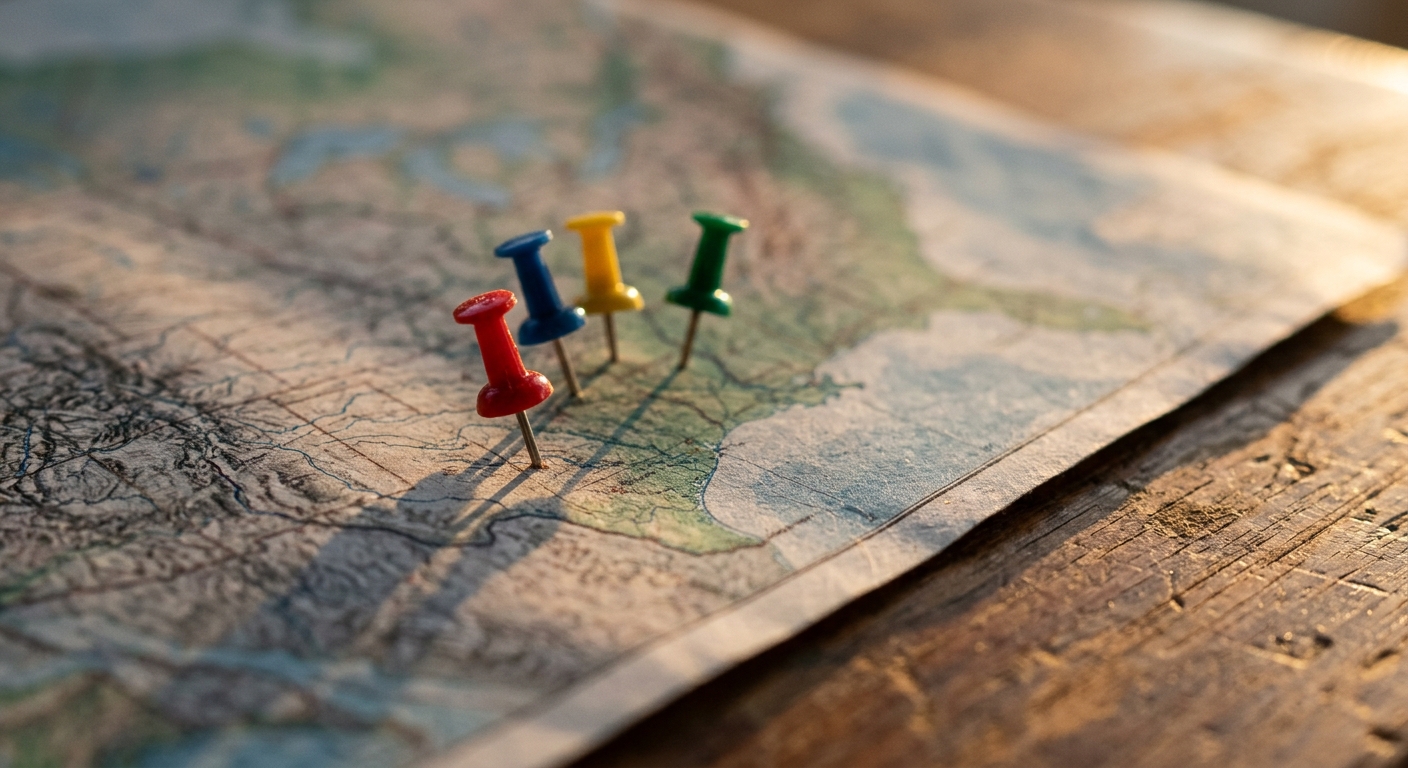 a printed map of the United States on a desk with colored pins