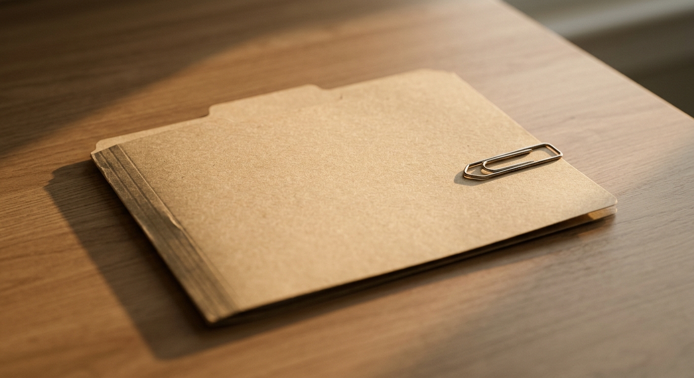 a closed manila folder with a paper clip on a clean desk