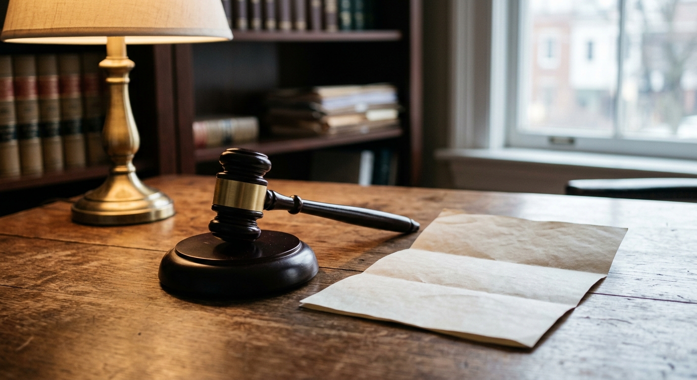 a wooden judge gavel beside a folded document on a desk, no people