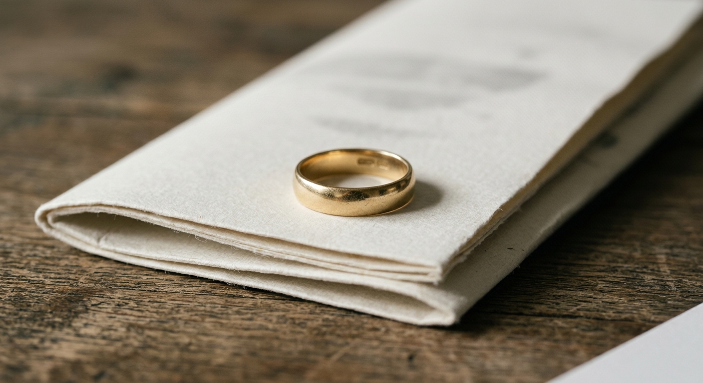 a single wedding ring resting on a folded legal document, no people